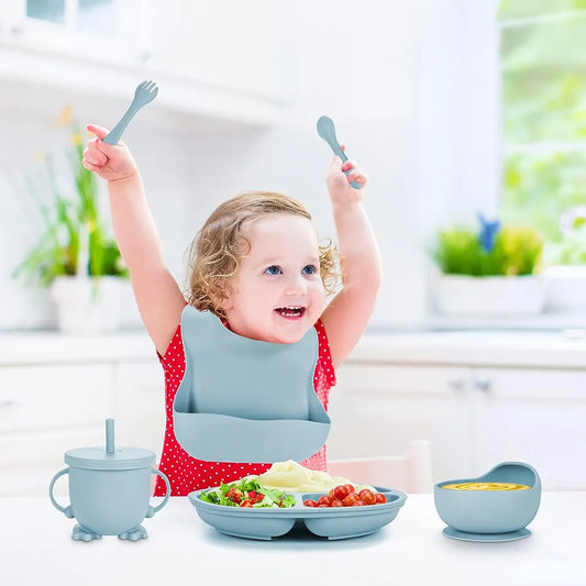 Children'S Dishes Set Baby Silicone Tableware 6PCS Set Sucker Bowl Bib Cup Fork Spoon Set Maternal and Infant Supplies BPA Free